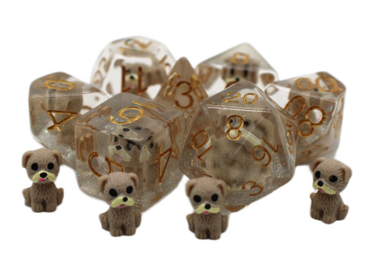Old School 7 Piece DnD RPG Dice Set: Animal Kingdom - Puppy Dog - Tan