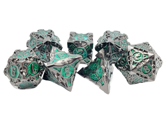 Old School 7 Piece DnD RPG Metal Dice Set: Gnome Forged - Black Nickel w/ Green