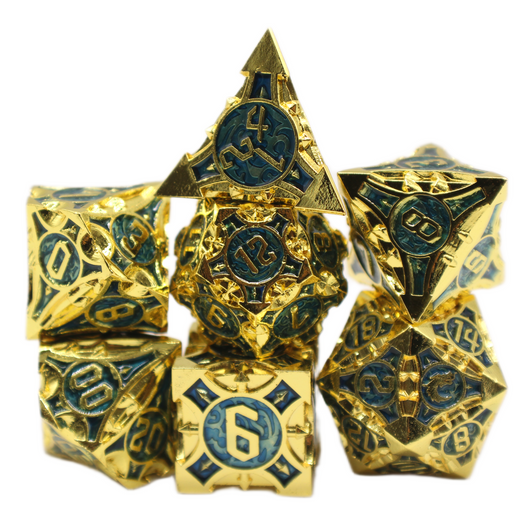Old School 7 Piece DnD RPG Metal Dice Set: Gnome Forged - Gold w/ Blue