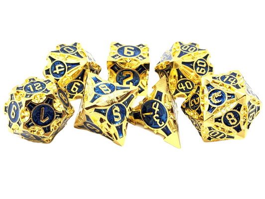 Old School 7 Piece DnD RPG Metal Dice Set: Gnome Forged - Gold w/ Blue