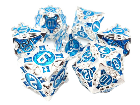 Old School 7 Piece DnD RPG Metal Dice Set: Gnome Forged - Silver w/ Blue