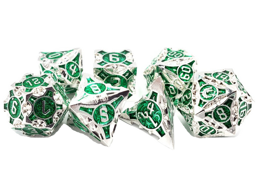 Old School 7 Piece DnD RPG Metal Dice Set: Gnome Forged - Silver w/ Green