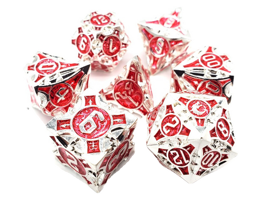 Old School 7 Piece DnD RPG Metal Dice Set: Gnome Forged - Silver w/ Red