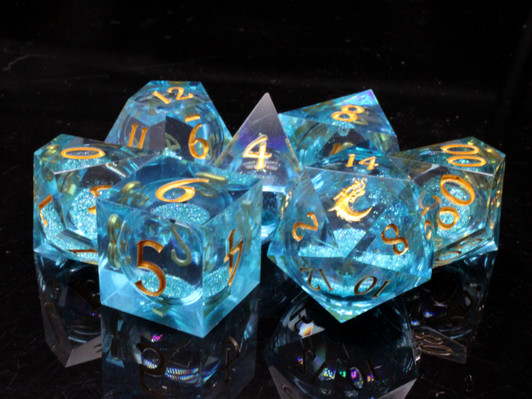 Old School Dice: Sharp Edged 7-Piece Dice Set - Liquid Infused - Azure Fury