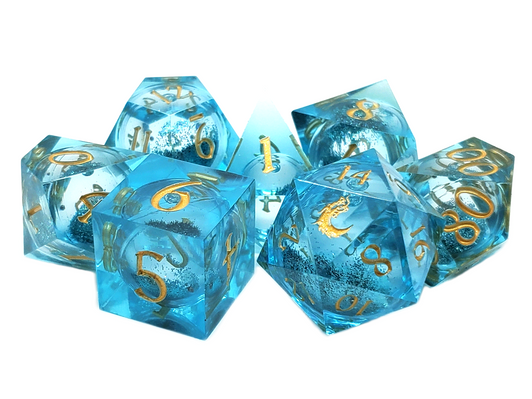Old School Dice: Sharp Edged 7-Piece Dice Set - Liquid Infused - Azure Fury