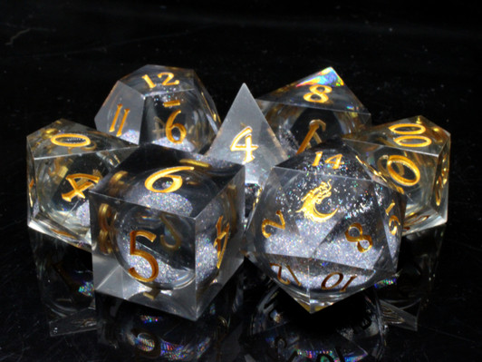 Old School Dice: Sharp Edged 7-Piece Dice Set - Liquid Infused - Obsidian Fury