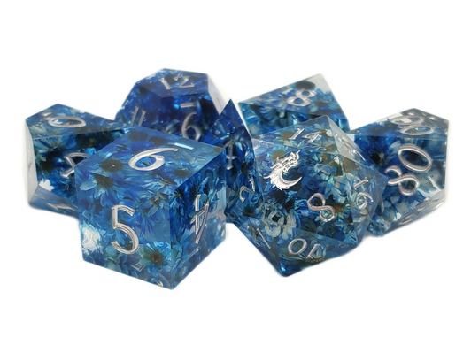 Old School Dice: Sharp Edged 7-Piece Dice Set - Blue Flower