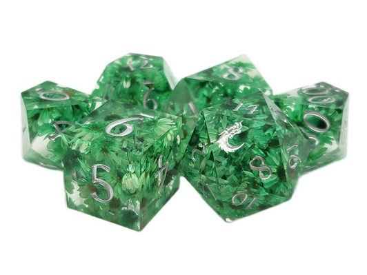 Old School Dice: Sharp Edged 7-Piece Dice Set - Green Flower