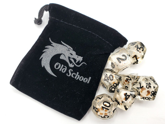 Old School 7 Piece DnD RPG Dice Set: Infused - Skull w/ White