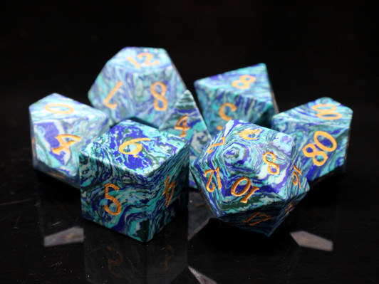 Old School Dice: Gemstone 7-Piece Set - Turquoise - Striped Blue w/ Gold