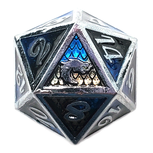 Old School 7 Piece DnD RPG Metal Dice Set: Dragon Scale - Black & Blue