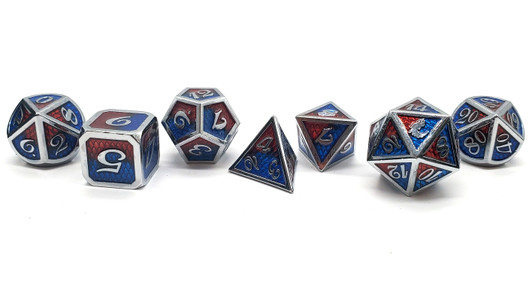 Old School 7 Piece DnD RPG Metal Dice Set: Dragon Scale - Red & Blue