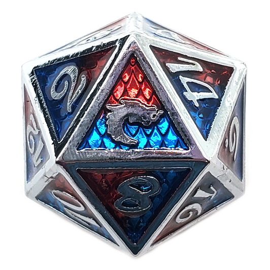 Old School 7 Piece DnD RPG Metal Dice Set: Dragon Scale - Red & Blue