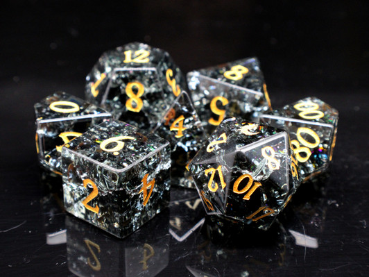 Old School Dice: Gemstone 7-Piece Set - Blast Glass - Obsidian w/ Gold