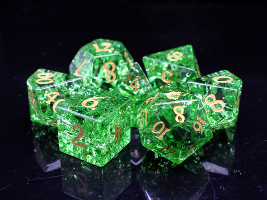Old School Dice: Gemstone 7-Piece Set - Blast Glass - Tourmaline w/ Gold