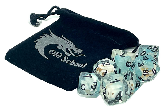 Old School 7 Piece DnD RPG Dice Set: Infused - Skull w/ Blue