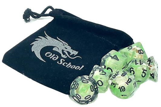 Old School 7 Piece DnD RPG Dice Set: Infused - Skull w/ Green