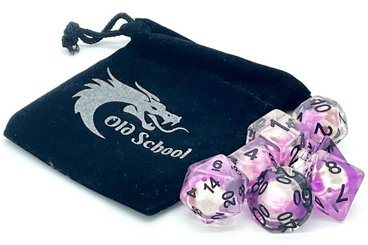 Old School 7 Piece DnD RPG Dice Set: Infused - Skull w/ Purple