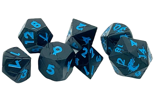 Old School 7 Piece DnD RPG Metal Dice Set: Orc Forged - Matte Black w/ Blue