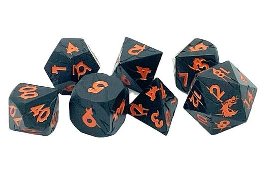 Old School 7 Piece DnD RPG Metal Dice Set: Orc Forged - Matte Black w/ Orange