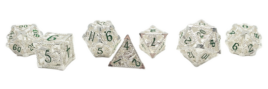 Old School Dice: Hollow Metal 7-Piece Set - Dragon - Silver w/ Green