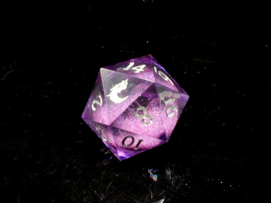Old School Dice: Sharp Edged 35mm D20 - Liquid Infused - Amethyst Fury
