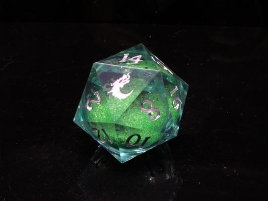 Old School Dice: Sharp Edged 35mm D20 - Liquid Infused - Emerald Fury