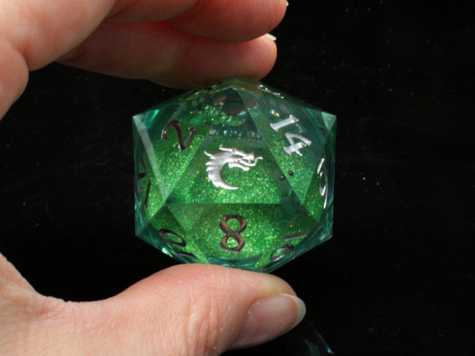 Old School Dice: Sharp Edged 35mm D20 - Liquid Infused - Emerald Fury