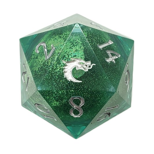 Old School Dice: Sharp Edged 35mm D20 - Liquid Infused - Emerald Fury
