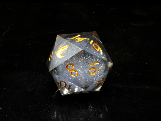 Old School Dice: Sharp Edged 35mm D20 - Liquid Infused - Obsidian Fury
