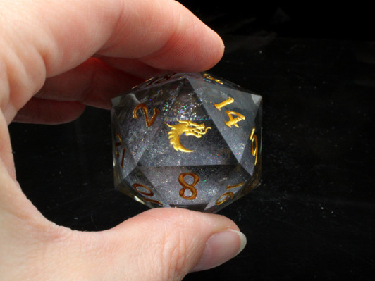 Old School Dice: Sharp Edged 35mm D20 - Liquid Infused - Obsidian Fury