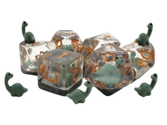 Old School 7 Piece DnD RPG Dice Set: Animal Kingdom - Baby Brontosaurus - Green