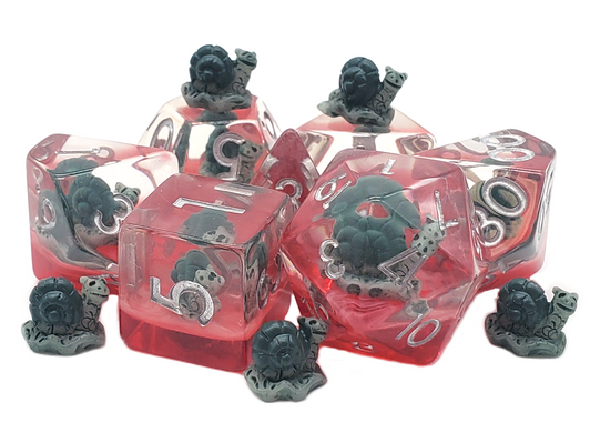 Old School 7 Piece DnD RPG Dice Set: Animal Kingdom - Snails - Green w/ Red