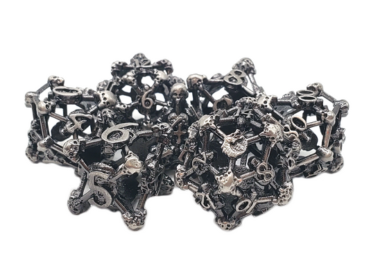Old School Dice: Hollow Metal 7-Piece Set - Skull - Ancient Silver