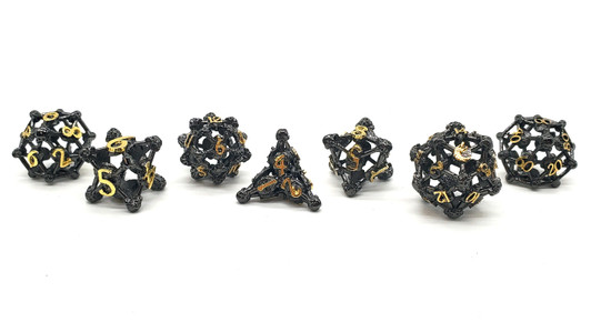 Old School Dice: Hollow Metal 7-Piece Set - Skull - Black Nickel w/ Gold
