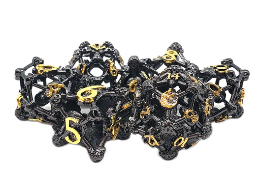 Old School Dice: Hollow Metal 7-Piece Set - Skull - Black Nickel w/ Gold