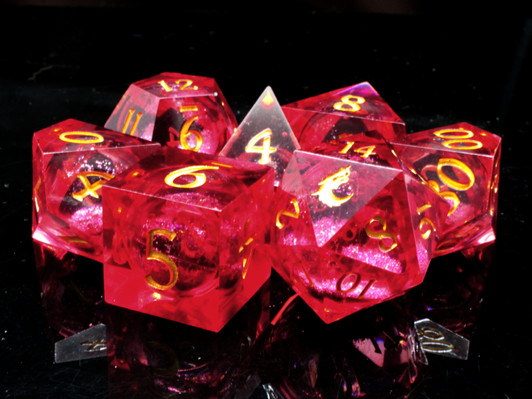 Old School Dice: Sharp Edged 7-Piece Dice Set - Liquid Infused - Crimson Fury