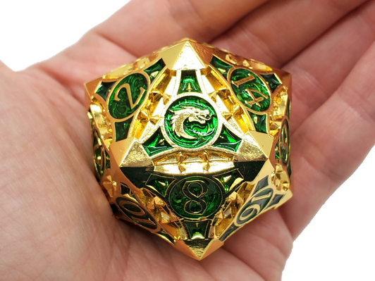 Old School Dice: Metal 40mm D20 - Gnome Forged - Gold w/ Green