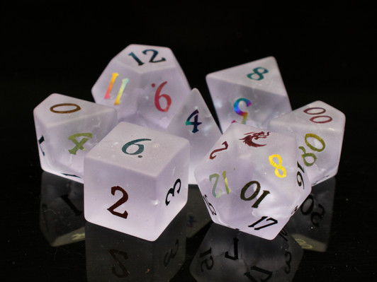 Old School Dice: Gemstone 7-Piece Set - Frosted Blast Glass - Amethyst w/ Spectral