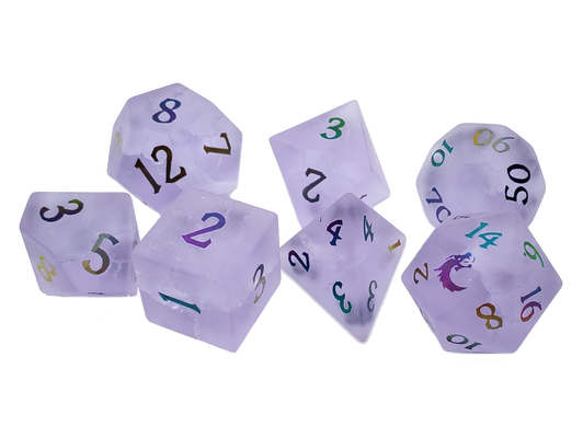 Old School Dice: Gemstone 7-Piece Set - Frosted Blast Glass - Amethyst w/ Spectral