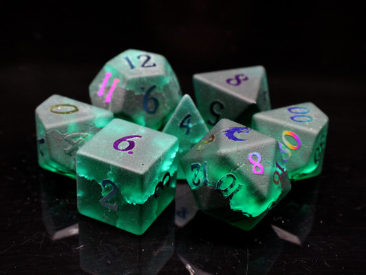 Old School Dice: Gemstone 7-Piece Set - Frosted Blast Glass - Emerald w/ Spectral