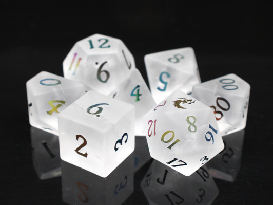 Old School Dice: Gemstone 7-Piece Set - Frosted Blast Glass - Moonstone w/ Spectral