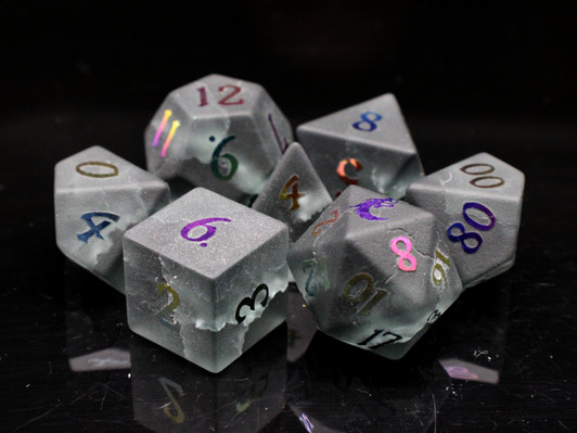 Old School Dice: Gemstone 7-Piece Set - Frosted Blast Glass - Obsidian w/ Spectral