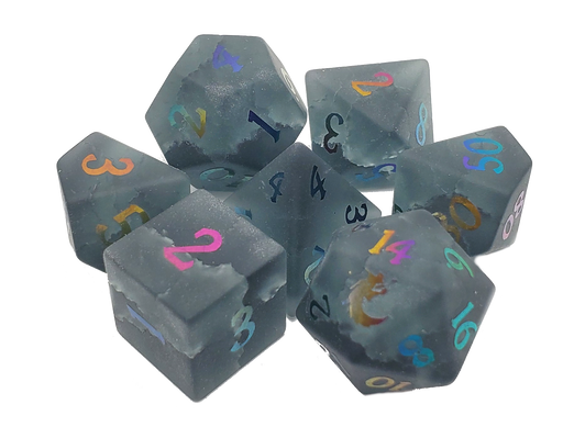 Old School Dice: Gemstone 7-Piece Set - Frosted Blast Glass - Obsidian w/ Spectral