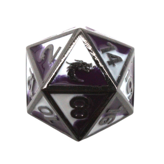 Old School DnD RPG Metal D20: Dragon Forged - Purple & White w/ Black Nickel