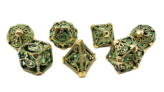 Old School Dice: Hollow Metal 7-Piece Set - All Seeing Eye - Gold w/ Green