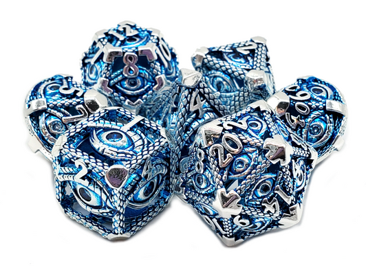 Old School Dice: Hollow Metal 7-Piece Set - All Seeing Eye - Silver w/ Blue