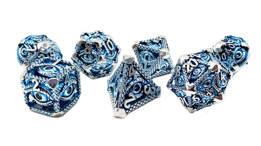 Old School Dice: Hollow Metal 7-Piece Set - All Seeing Eye - Silver w/ Blue