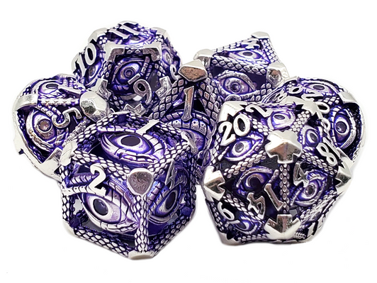 Old School Dice: Hollow Metal 7-Piece Set - All Seeing Eye - Silver w/ Purple