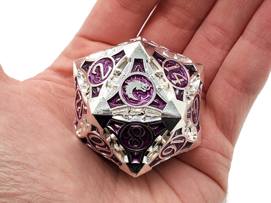 Old School Dice: Metal 40mm D20 - Gnome Forged - Silver w/ Purple